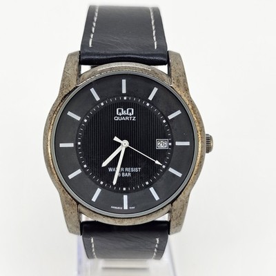 QQ Men's Analog Watch 40MM Black Dial Date New Black Leather Bands New Battery