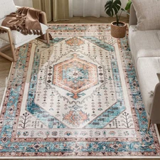 HOMCOM 5x7 Area Rug, Vintage Machine Washable Rug for Bedroom, Brown Blue