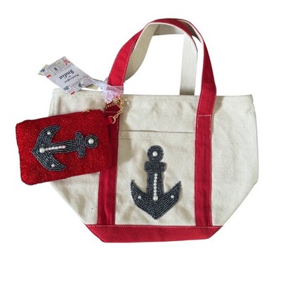 Viral Beaded Anchor Canvas Small Tote Red Base Assorted Beaded Pouch NW