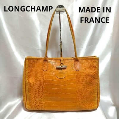 LONGCHAMP Roseau Tote Shoulder Bag Camel Orange Croc Emb Leather Bamboo From JP