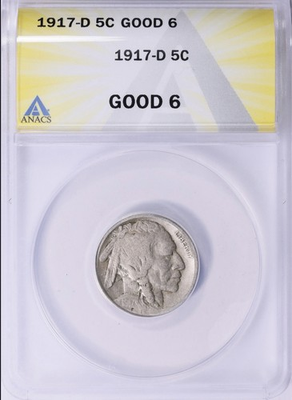 #ad 1917 D Buffalo Nickel ANACS Good 6 DETAILS Beautiful Historical Coin $44.00