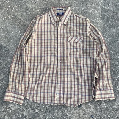 Vintage Style Brown Striped Long Sleeve Shirt Men s Plaid Fitted Button Up L