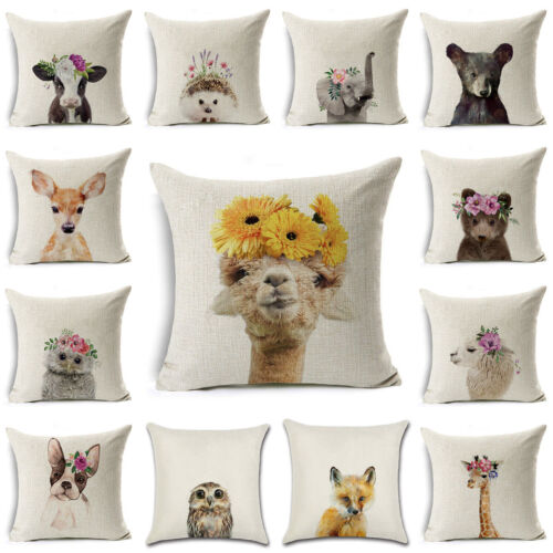 Linen Lovely Baby Animals Floral Pillow Cover Bunny Fox Bear Deer Cushion Case - Bild 1 von 32