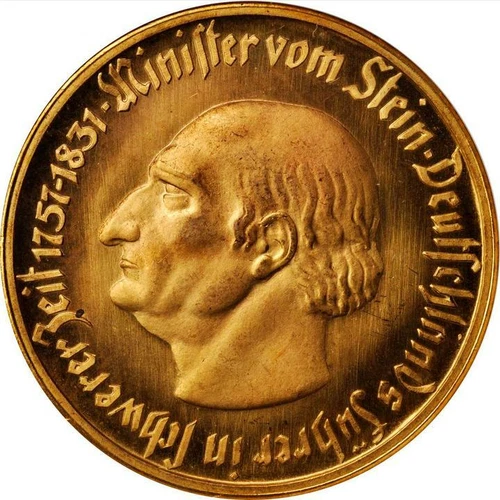 1923 Germany 10,000 Mark Gilt Bronze Westphalia. NGC MS 66. LAMB-579.7