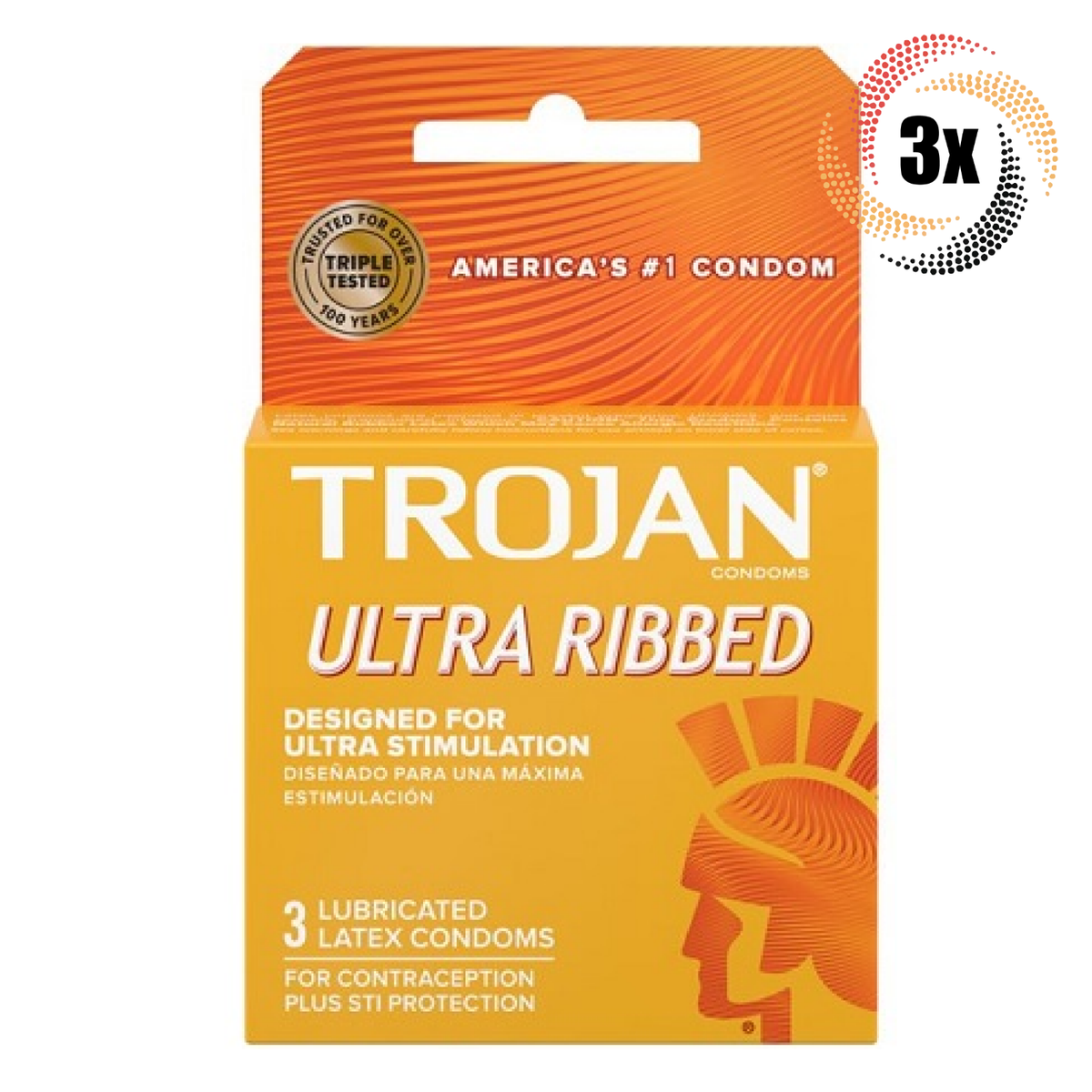 3x Packs Trojan Ultra Ribbed Lubricated Latex Condoms | 3 Condoms