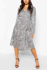 Image of BOOHOO MONO LEOPARD PRINT WRAP FRONT MIDI DRESS UK 10