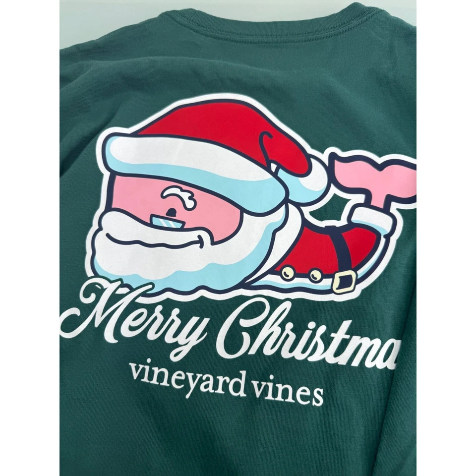 Vineyard Vines Boys Christmas T Shirt Green Santa Claus Long Sleeve Youth XL 18 - Image 2 of 4