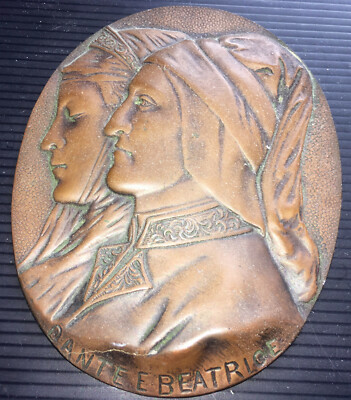 Orig 19th Century Bronze Plaque-DANTE & BEATRICE-Signorini Innocenti-Firenze IT