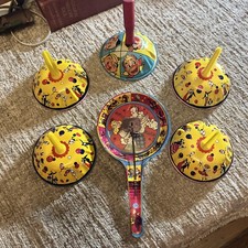 Vintage 1950'sTin Noisemakers&nbsp; Set Of 6 Clown, Balloons,musical