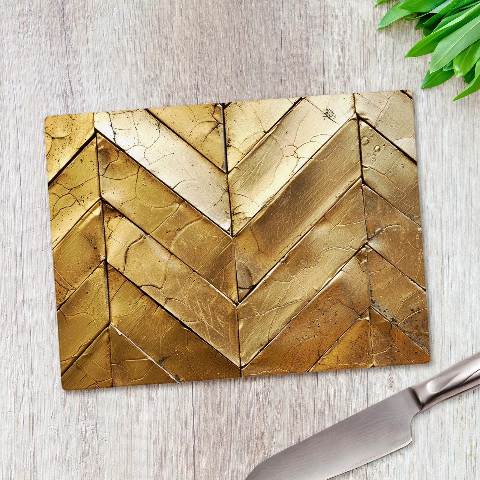 Gold Chevron Pattern Glass Chopping Board Large Kitchen Worktop Saver