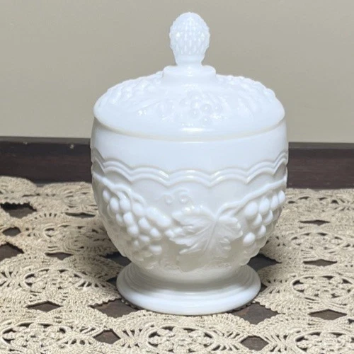 Vintage Imperial  Milk Glass footed sugar bowl with Lid grapevine Pattern