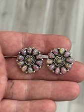 STERLING SILVER NATIVE AMERICAN SW FIRE OPAL PETIT POINT CLUSTER EARRINGS 1? 925