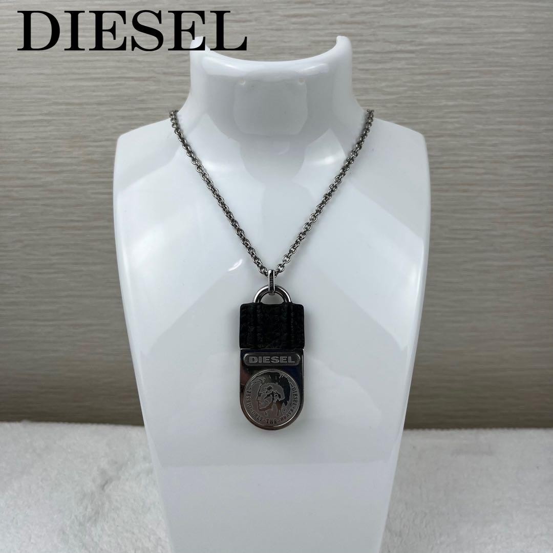Diesel Men Necklace Steel Leather Black Silver Color Mohawk Length