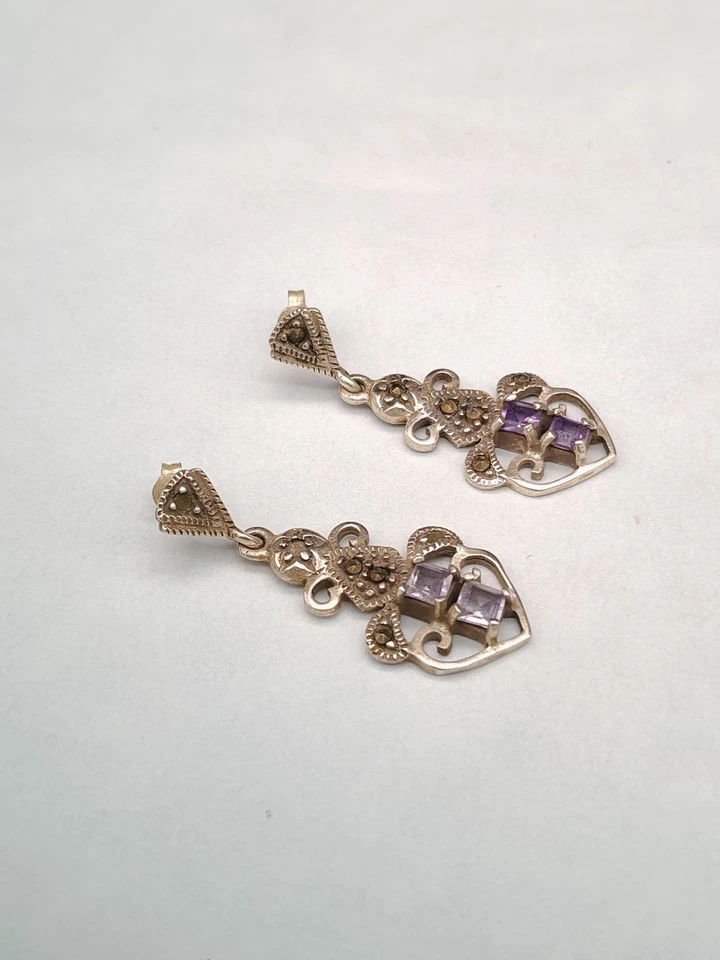 Orecchini donna vintage argento 925 ametista marcasite pendenti - Immagine 2 di 4