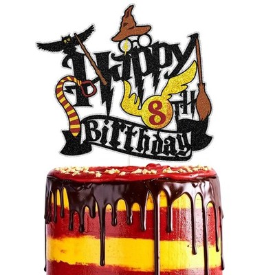 M*gical Wizard Happy 8th Birthday Cake Topper - Glitter School Wizard Cake De...