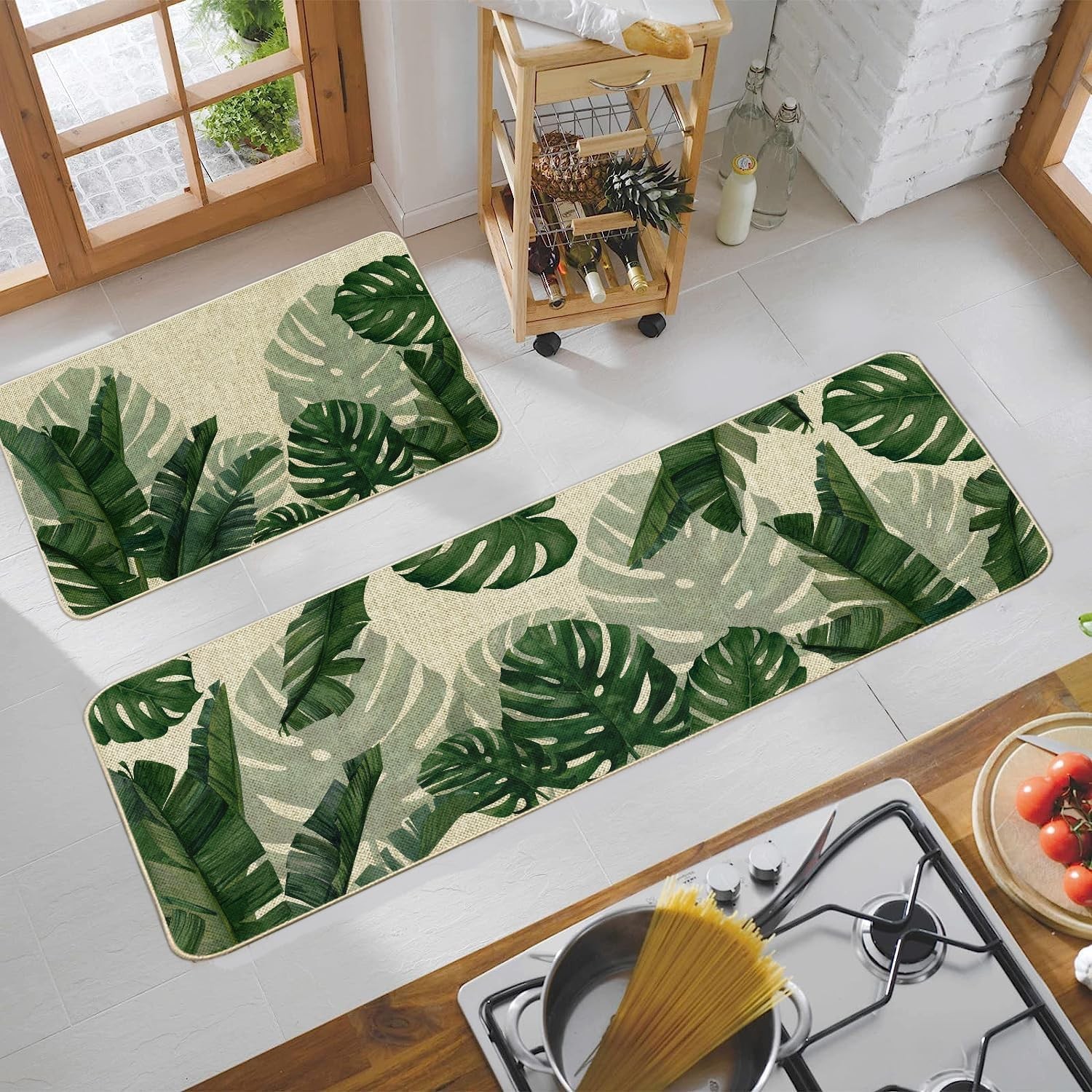 Monstera Leaf Kitchen Mats Set of 2 Non-Slip Rugs 17x29 & 17x47 Summer Decor