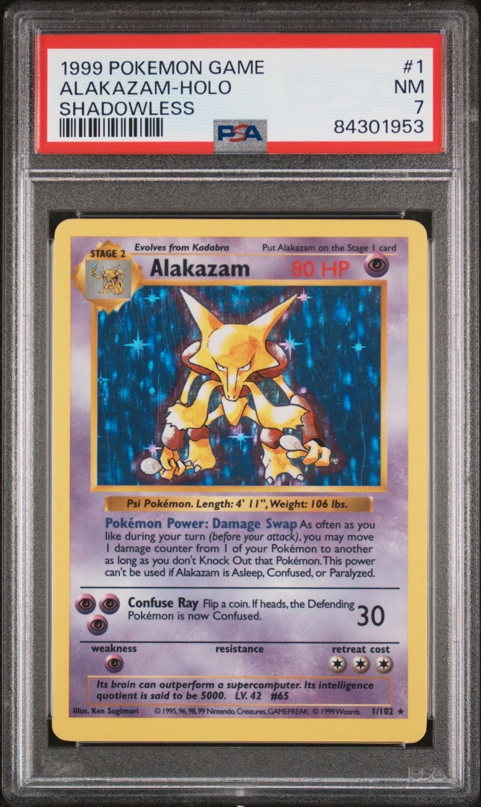 Alakazam Holo 1/102 1999 Shadowless Base Set Pokemon English PSA 7
