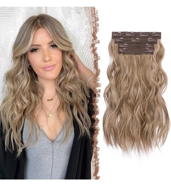 FESHFEN Clip in Hair Extensions - 4 PCS Long Wavy Thick Highlighted Clip 16''