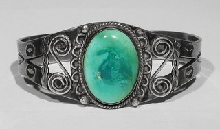 Big Old 1900 to 1930 Navajo Green Turquoise Handmade 925 Silver Cuff Bracelet 7"