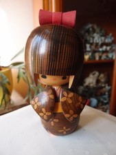 Kokeshi-Puppe mit Kimono, Holz, japanisch, 19 x 8,5 cm, braun, signiert, Vintage