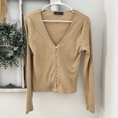 Bagatelle Camel Tan Rubbed Stretchy Button Up Shirt Capsule Wardrobe Basic Small
