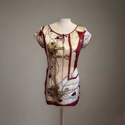NK 100% Silk Equestrian Print Tunic Top Red Cream Gold Chain Tassel Blouse M