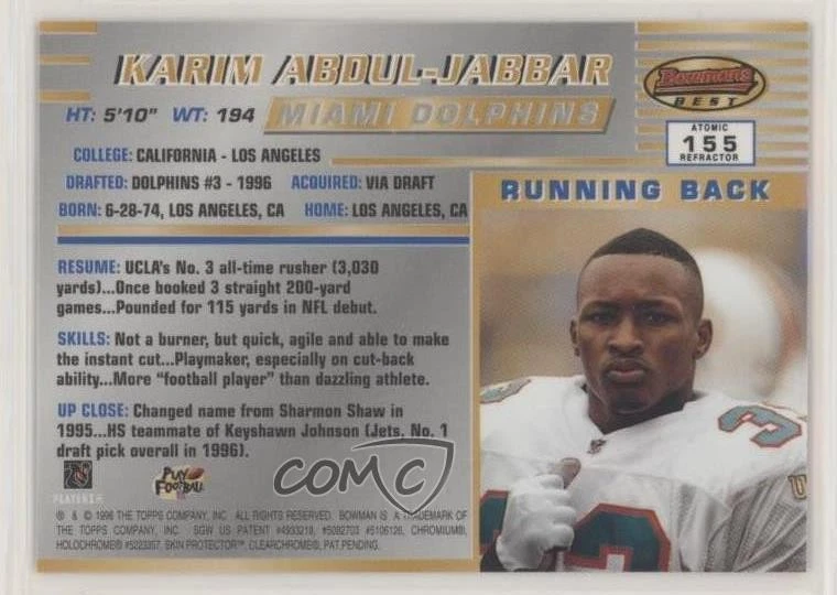 1996 Bowman's Best Atomic Refractor Karim Abdul-Jabbar #155 Rookie RC - Image 2 of 2