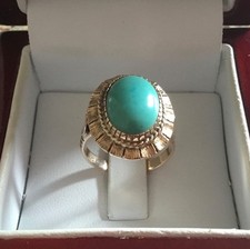 14K YELLOW GOLD OVAL BLUE TURQUOISE CABOCHON VINTAGE RING 4.5 GRAMS SIZE 6