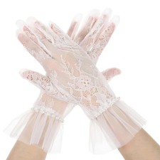 Abeillo Short Lace Gloves Women Lace Gloves with Faux Pearl Tea Party White