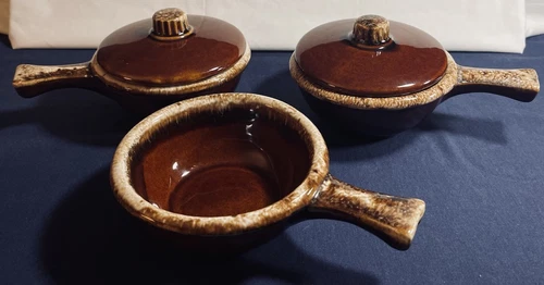 Lot 3 Vintage HULL Pottery 5” Brown Drip Individual Soup Chili Bowls w 2 Lids