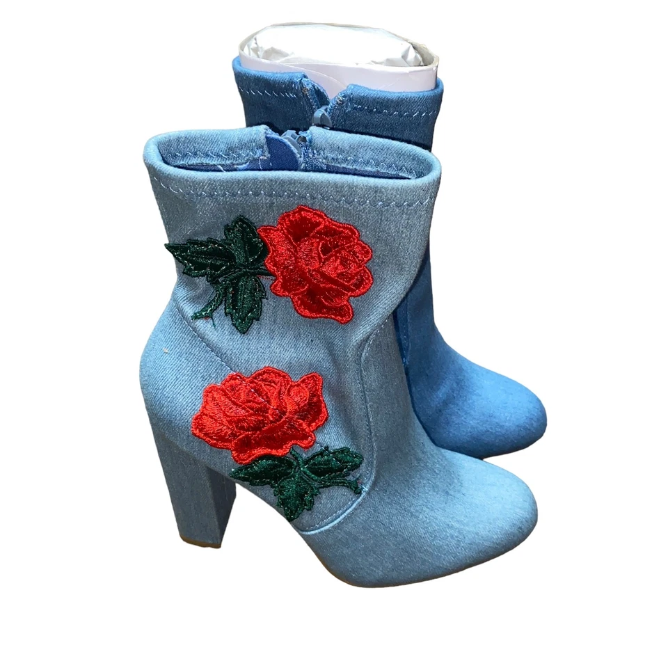 Botas de tornozelo femininas bordadas flor rosa denim azul bambu tamanho 6 novas na caixa - Imagem 3 de 4