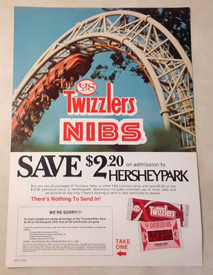 Vintage Hershey's Twizzlers Candy Store Display Sign Ad Hersheypark PA 1980s