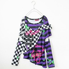 Gloomy Bear Goth Emo Punk Purple  Checkered Punk Raver Shredded Top Small, S