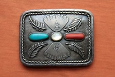 Vintage Sterling Silver Turquoise Coral Abalone Hand Made Belt Buckle