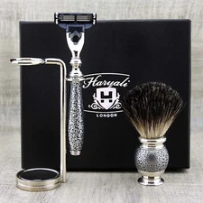 Haryali Men Black Bristle Shaving Brush Triple Edge Cartridge Razor Stand Silver