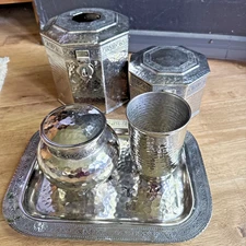 John Robshaw  Taxila Hand-hammered, silver-tone brass bathroom set/ tissue box