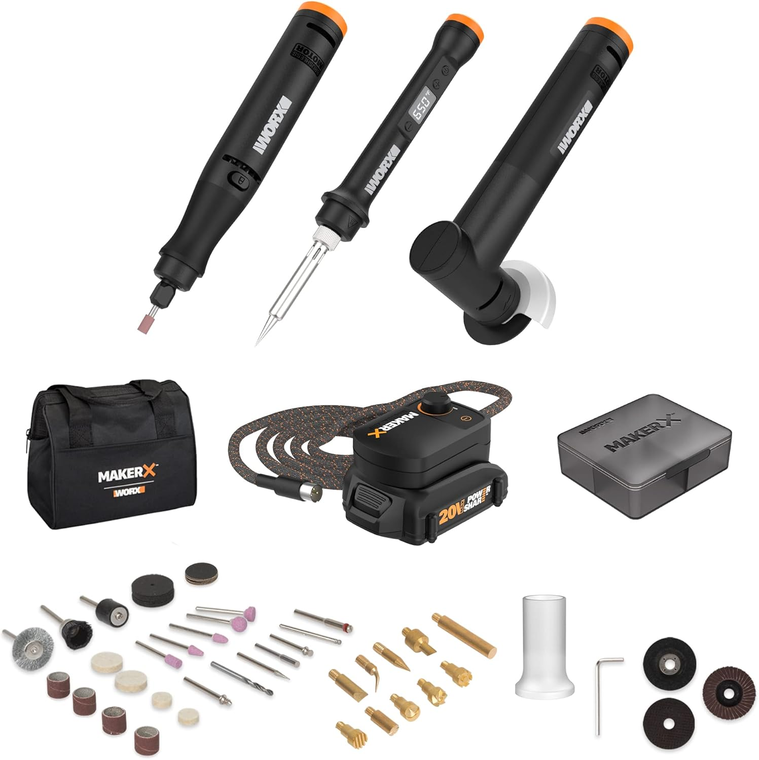 MAKERX WX991L 3-in-1 Crafting Kit with Rotary Tool Angle Grinder and Wood Carver
