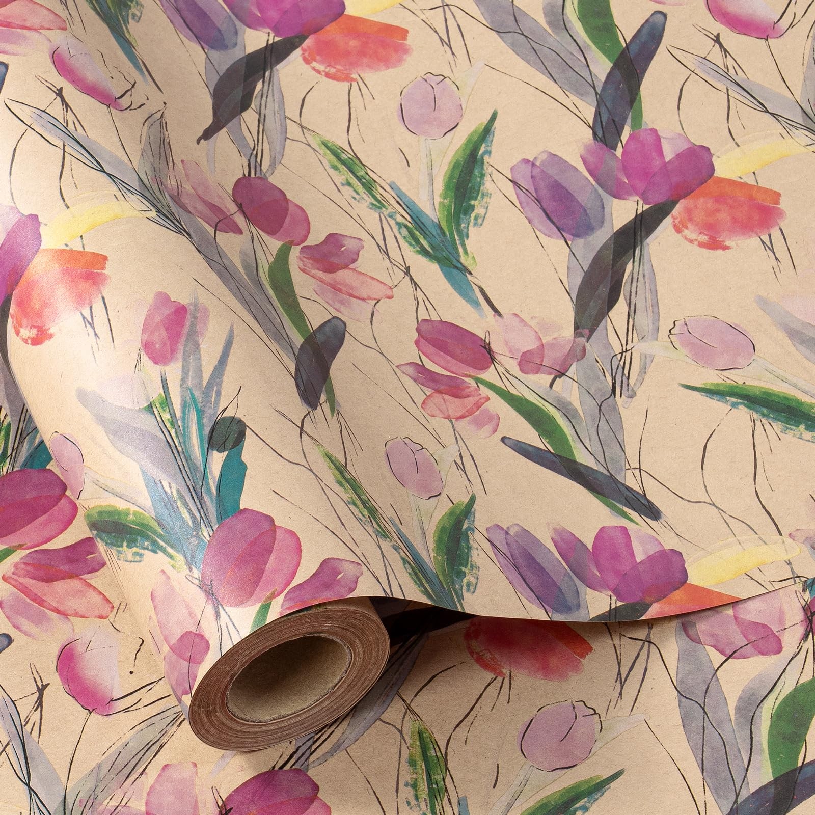 Rouleau de papier cadeau Kraft à motif fleur rose - Mini format de 30cm x 5m