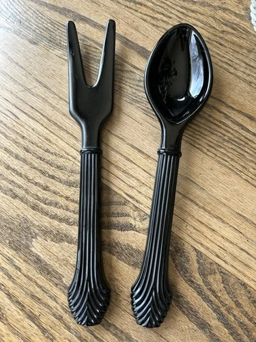 Vtg Imperial Glass Black Plume Salad Set 1930s - Depression Glass Fork & Spoon