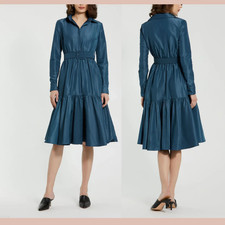 NWT MAC DUGGAL [ Large ] 21024 Faille Long Sleeve Collared Midi Dress Belt J2439