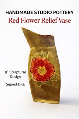 Handmade Studio Pottery Vase Signed DKE Red Flower Relief Sculptural Ceramic Art
