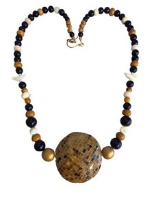 Vintage Glass Quartz Agate Bead Necklace Mosaic Pendant Carved Mother Pearl 30"