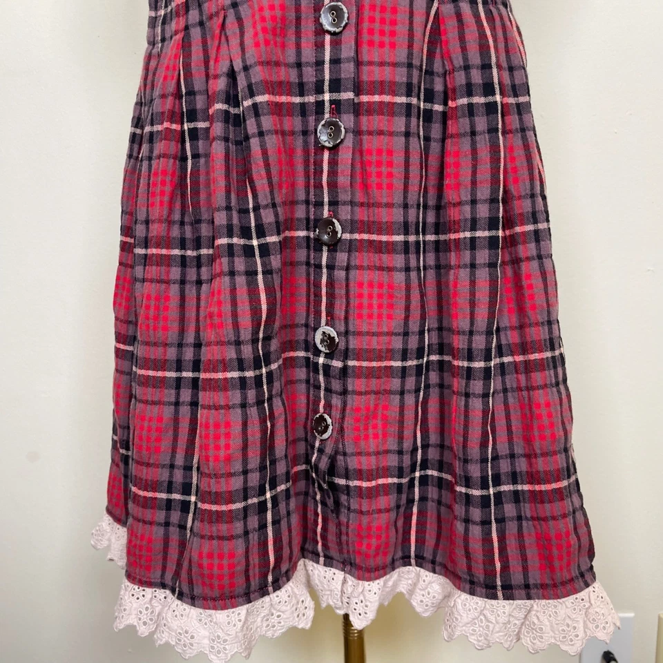 Mini Vestido Vintage Free People Rojo a Cuadros Botón Frontal 2 Bordes de Encaje Correa de Cuero Foto 3 de 4