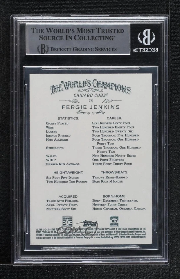 BAS 2014 Topps Allen & Ginter's Fergie Jenkins #26 BGS Authentic Auto HOF - Image 2 of 2