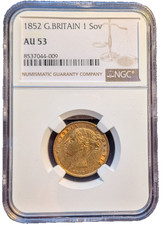 1852 NGC Queen Victoria Shield Back 22ct Gold Full Sovereign Closed 2 Scarce