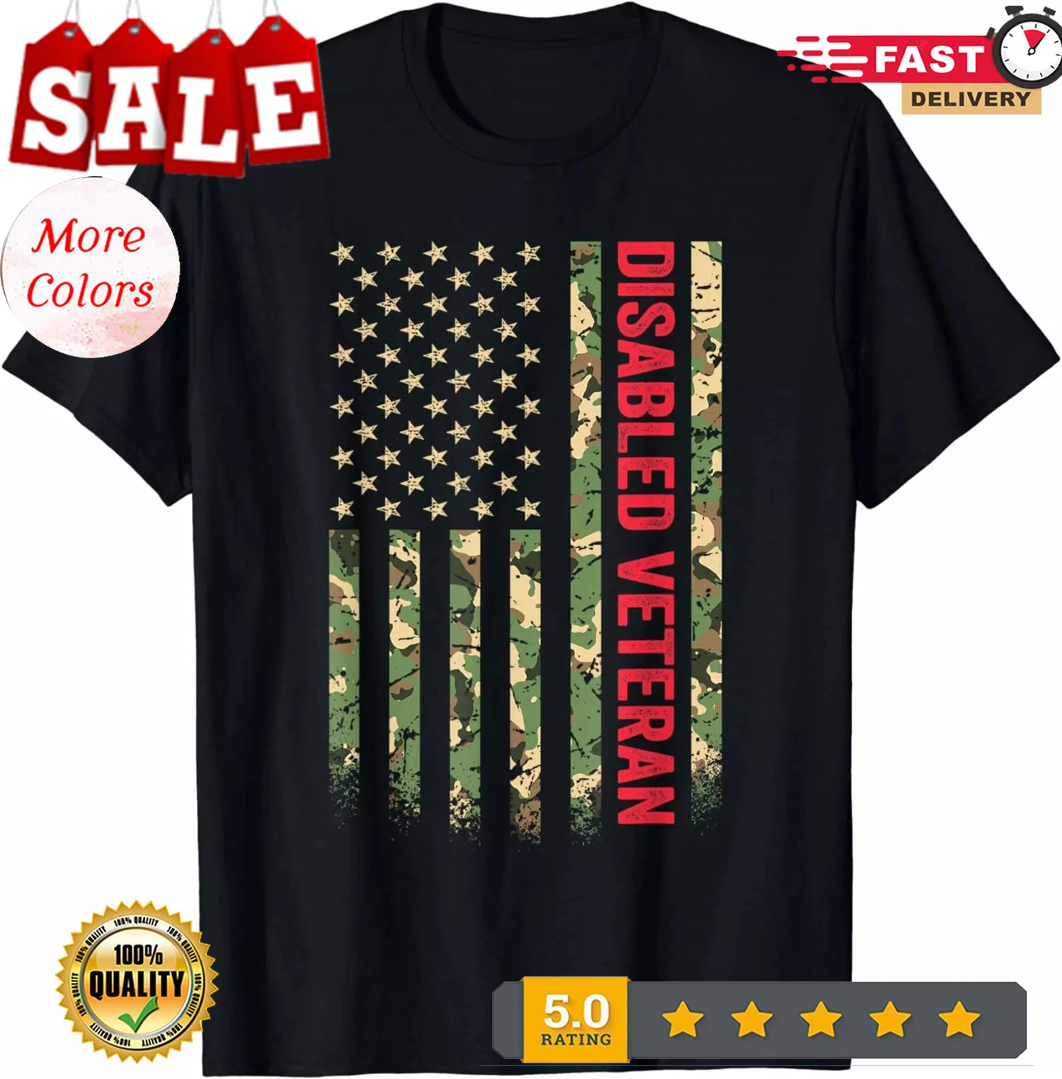 Disabled Veteran Camo American Flag T-Shirt S-3 Limited Edition