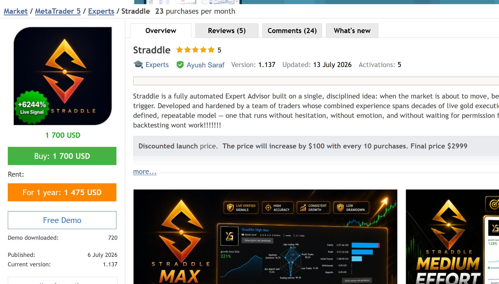 v1.137 Straddle Gold EA Metatrader MT5 Gold Bot Trading Robot MQL5 FTMO ...