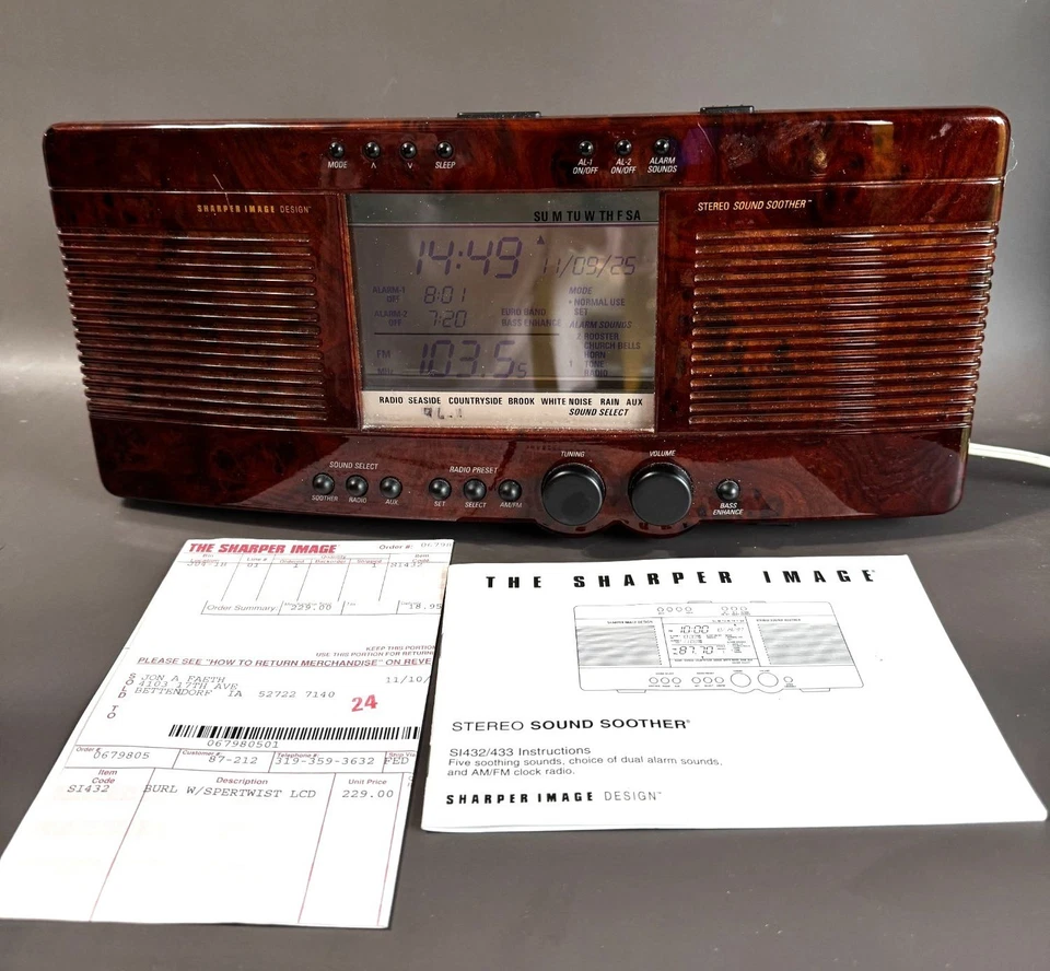 Sharper Image Stereo Sound Soother SI433 Alarm Clock Radio Wood Grain AM/FM - Image 2 of 4