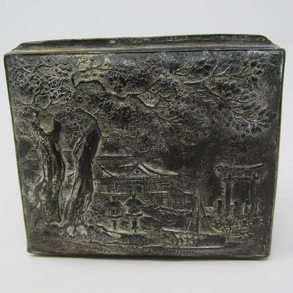 Vintage Japanese Metal Trinket Box Pagoda Tree Wood Lined Container 3" Japan - Image 2 of 4