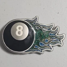 Flaming 8-Ball - Great American Products Pure Pewter Belt Buckle, Green/Blue